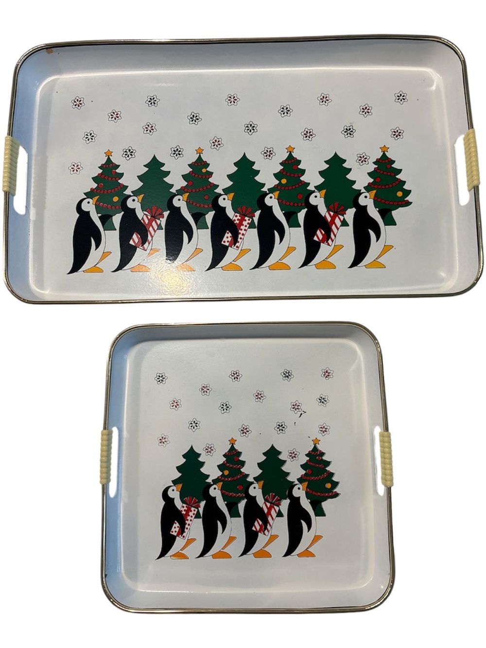 Vintage MCM Penguin & Christmas Tree Holiday Serving Trays - White, Green, Black